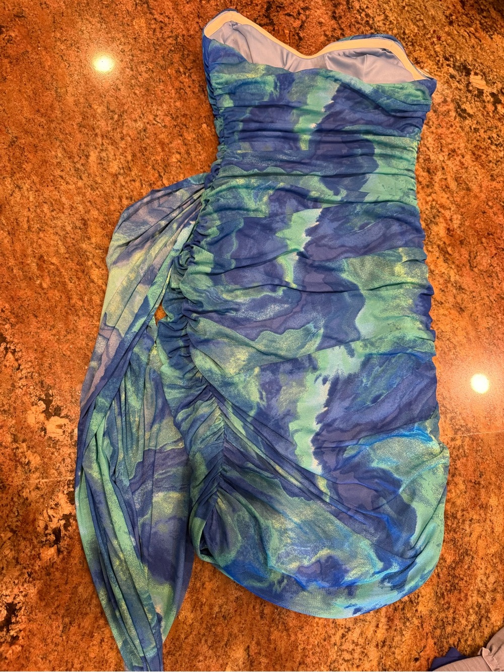 Blue-Green Ruched Strapless Dress - Picture 2 of 2